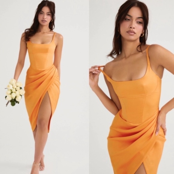 House of CB Bianca Tangerine Satin Pleated Corset Midi Dress orange size XS NWOT - Picture 14 of 15